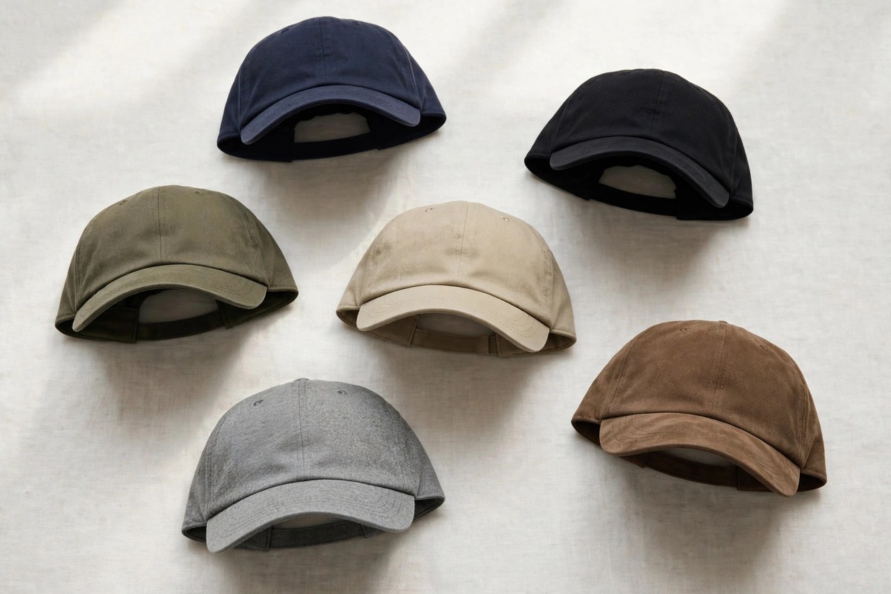 A flat lay of men's baseball caps in several colors with curved brims, product photography with no people