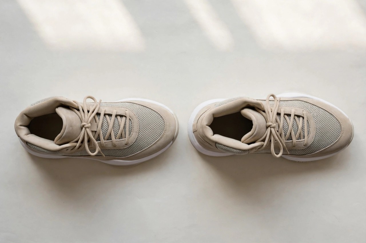 A flat lay of a pair of men's high-top basketball shoes with cushioned soles, product photography with no people