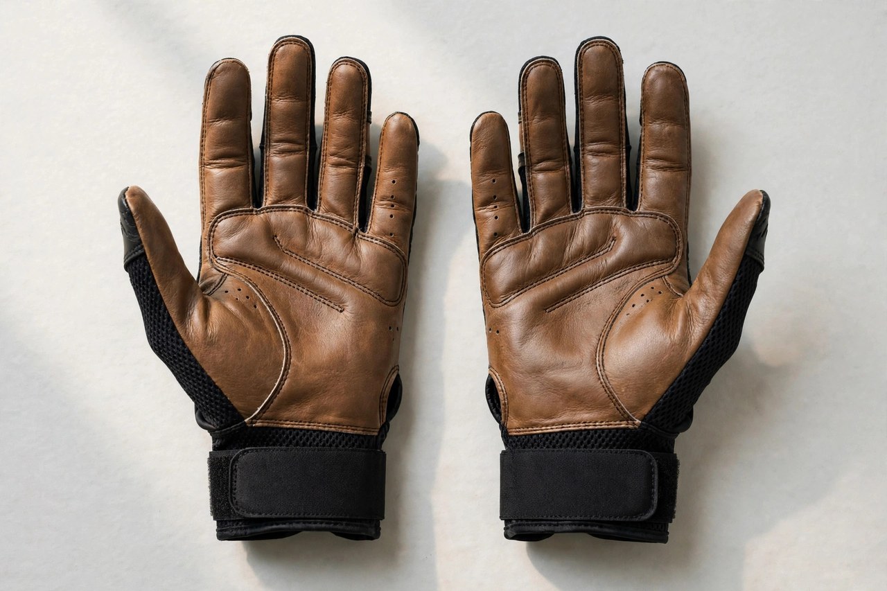 A flat lay of a pair of men's baseball batting gloves with leather palms, product photography with no people