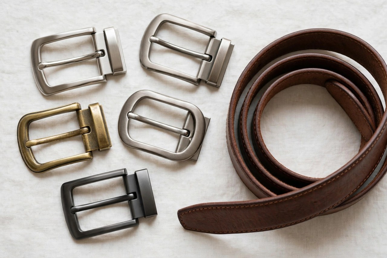 A flat lay of men's belt buckles in metal finishes beside a leather belt, product photography with no people