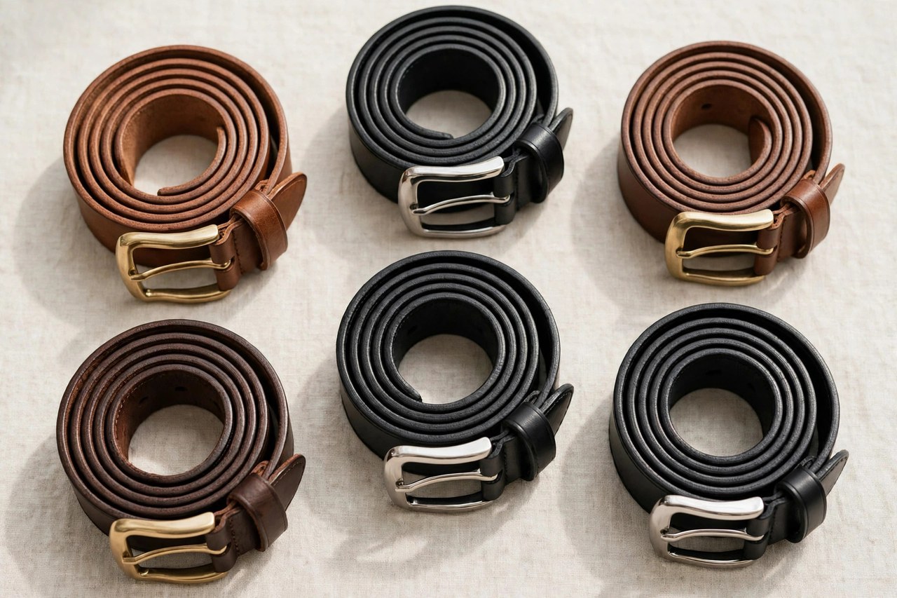 A flat lay of men's leather belts in black and brown rolled neatly, product photography with no people