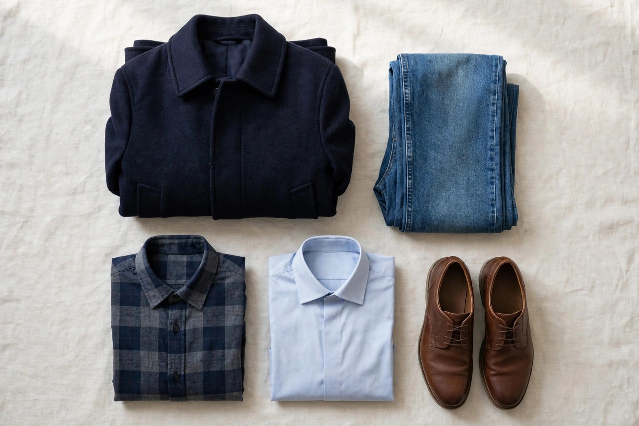 A flat lay of men's big and tall clothing: a folded coat, jeans, shirts and shoes arranged neatly, product photography with no people