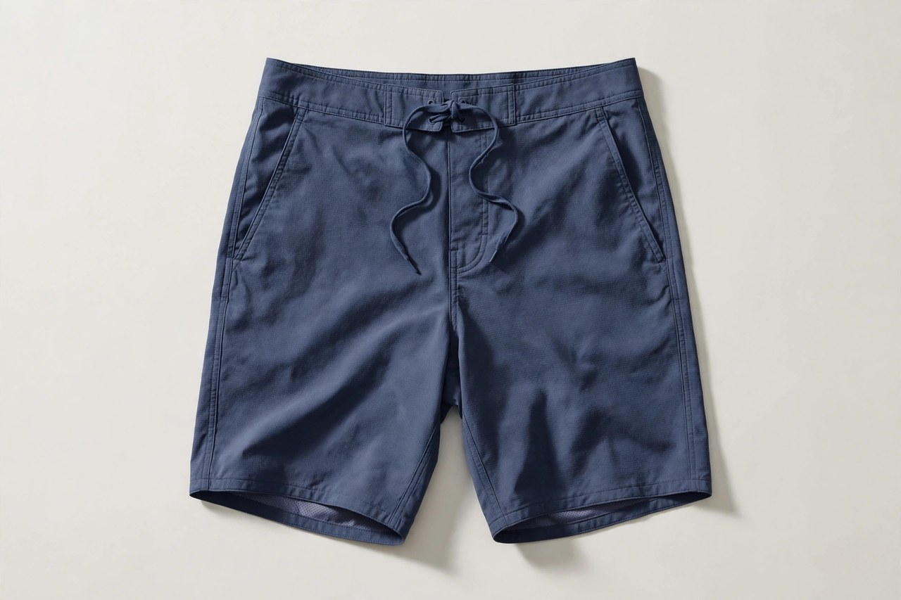 A flat lay of men's board shorts in a quick-dry fabric with a drawstring waist, product photography with no people