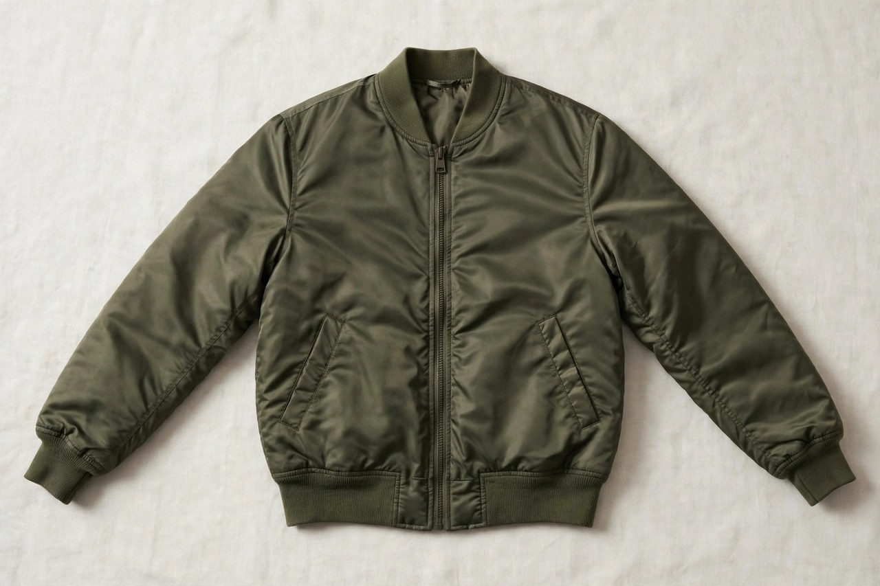 A flat lay of a men's bomber jacket in olive nylon with ribbed cuffs, product photography with no people