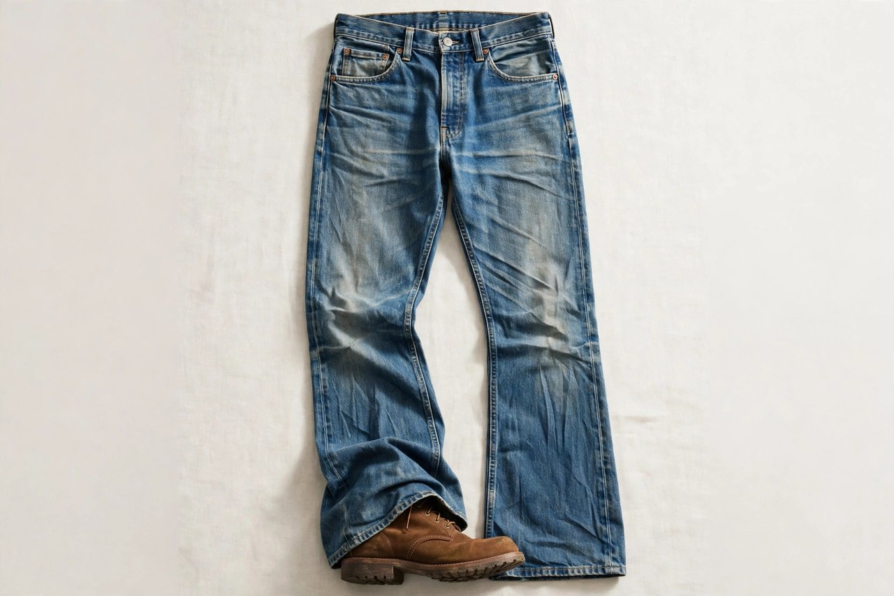 Men's bootcut jeans in a worn medium wash laid flat, showing the leg widening from the knee to cover a boot, product photography with no people