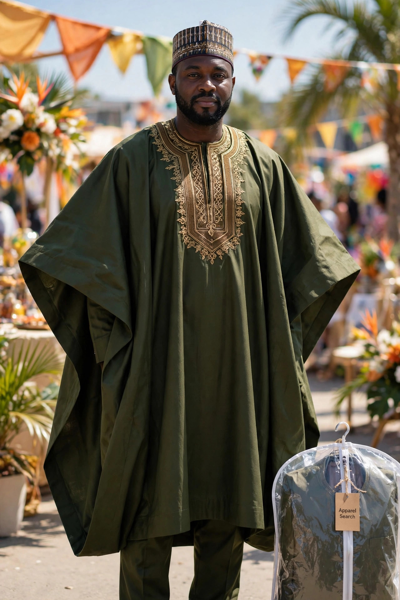 Man wearing a grand boubou agbada, a wide flowing West African robe with very wide sleeves and rich embroidery at the neckline, over matching trousers