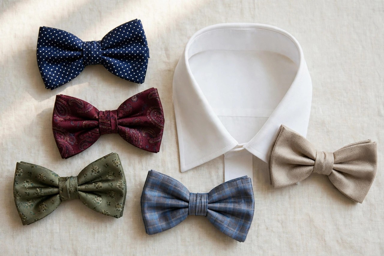 A flat lay of men's bow ties in silk and patterns beside a dress shirt collar, product photography with no people