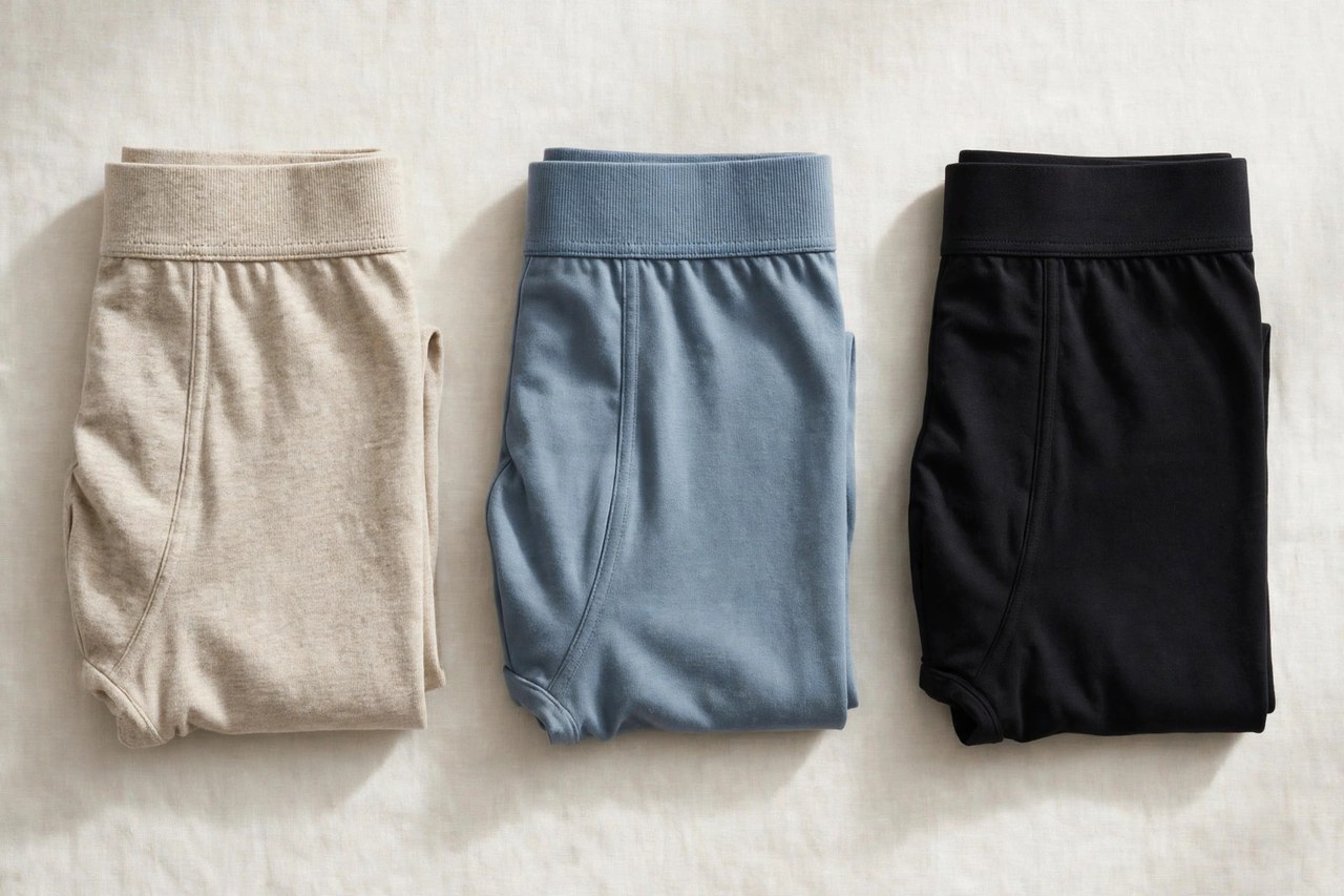 A flat lay of men's boxer briefs in cotton and modal folded neatly as a product photo, no people