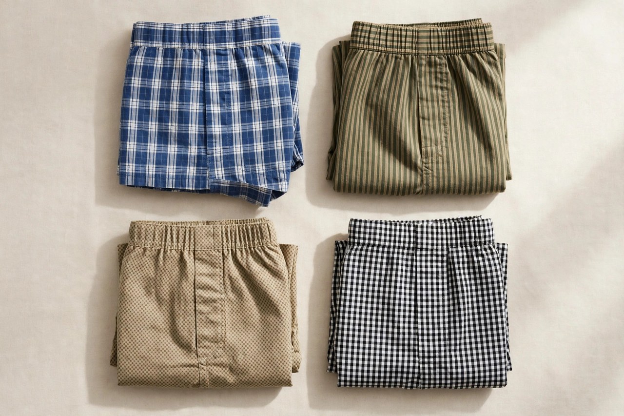 A flat lay of men's boxer shorts in woven cotton patterns folded neatly as a product photo, no people