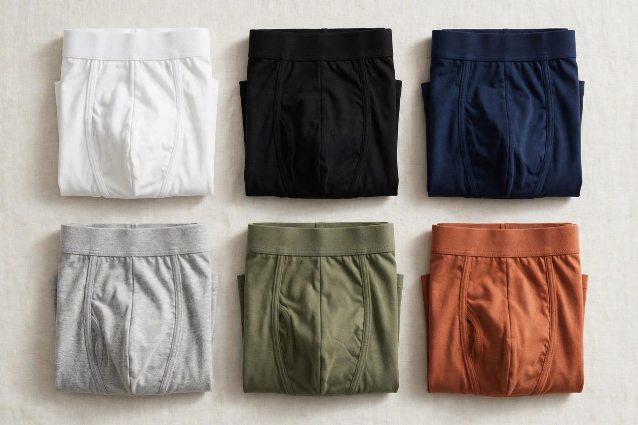 A flat lay of men's brief underwear in white and colors folded neatly as a product photo, no people