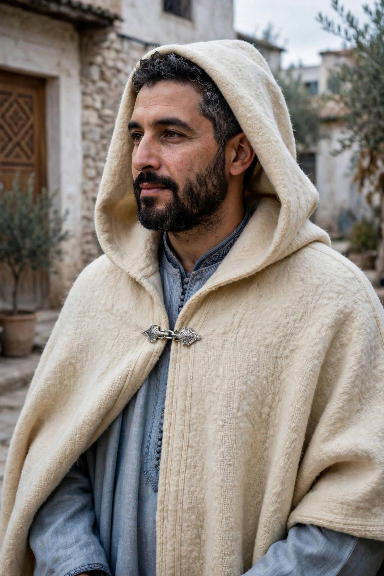 Man wearing a burnous, a long heavy hooded wool cloak in cream wool fastened at the chest, worn over a robe