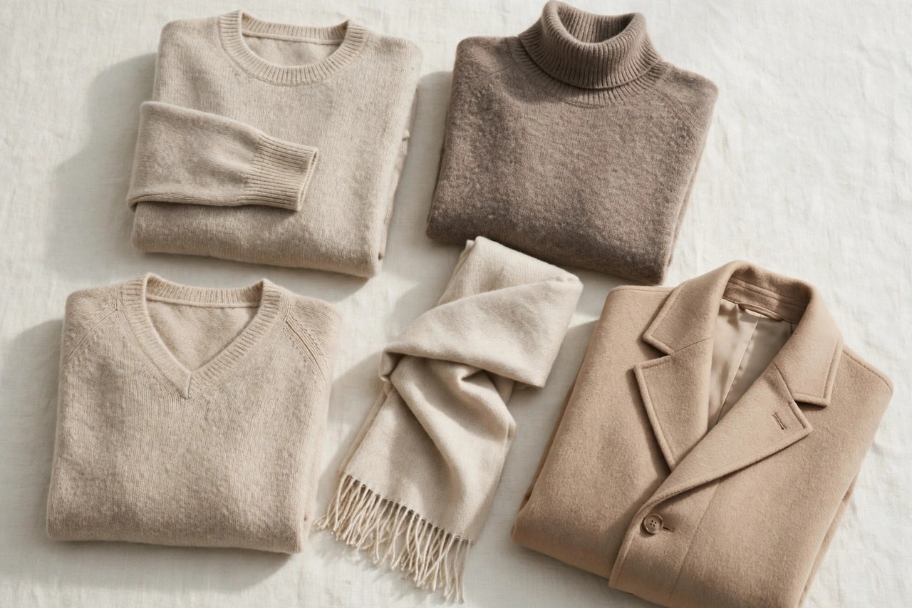 A flat lay of men's cashmere apparel: folded sweaters, a scarf and a coat in soft neutral tones, product photography with no people