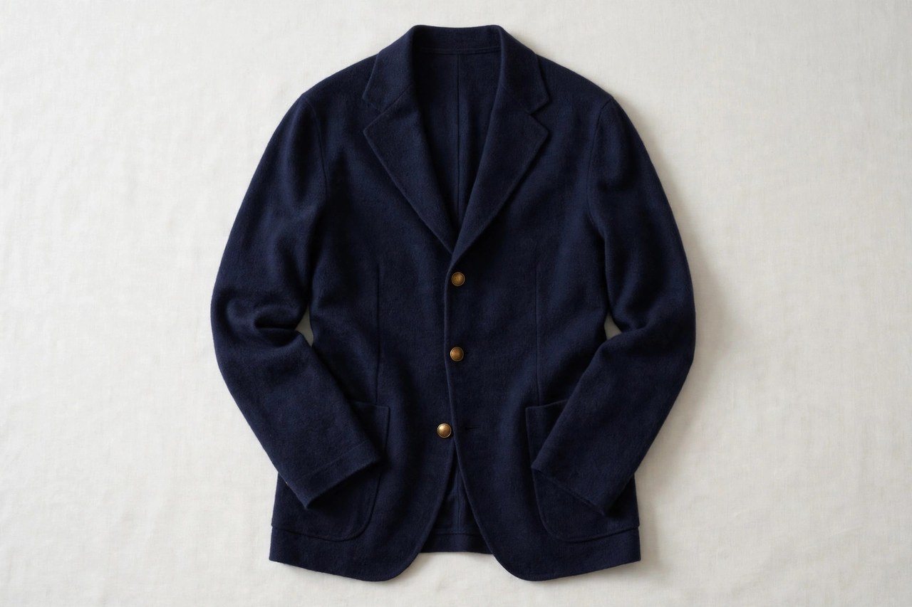 A flat lay of a men's navy cashmere blazer with brass buttons, product photography with no people