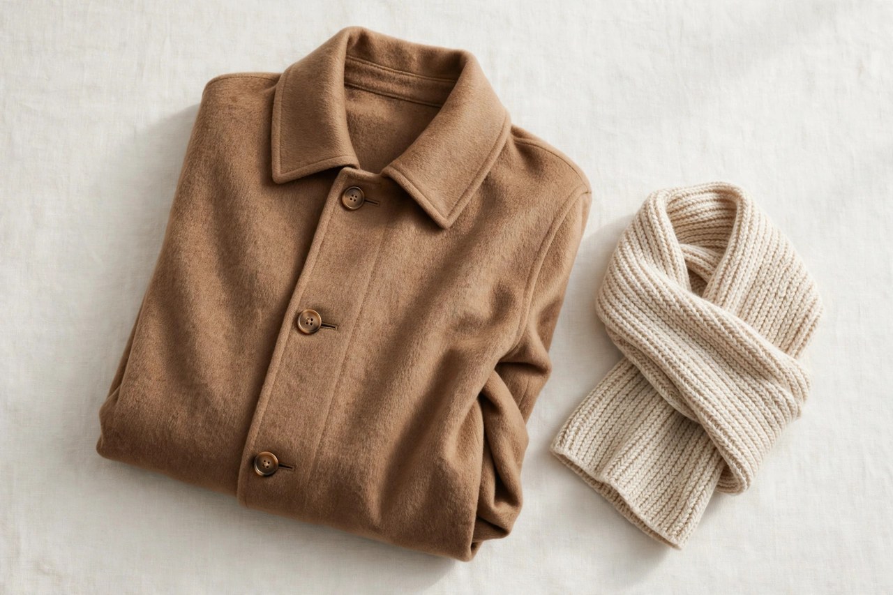 A flat lay of a men's camel cashmere coat folded with a scarf, product photography with no people
