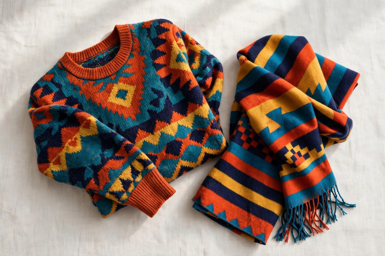 A flat lay of men's fashionable cashmere pieces: a patterned cashmere sweater and scarf in bold colors, product photography with no people