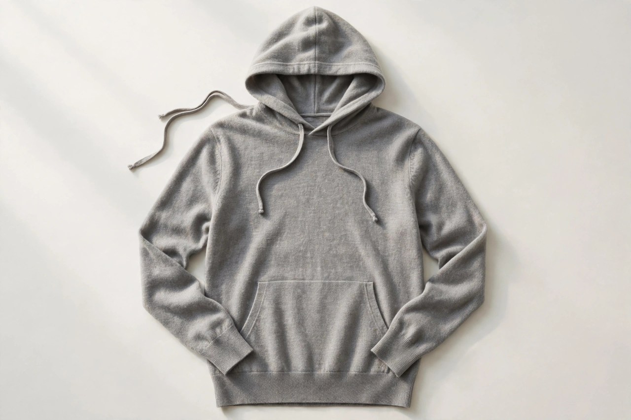 A flat lay of a men's cashmere hoodie in soft grey with drawstrings, product photography with no people