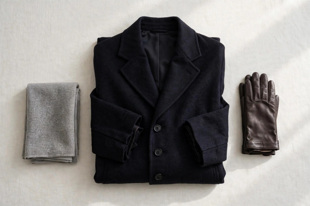 A flat lay of a men's dark cashmere overcoat with a folded scarf and gloves, product photography with no people