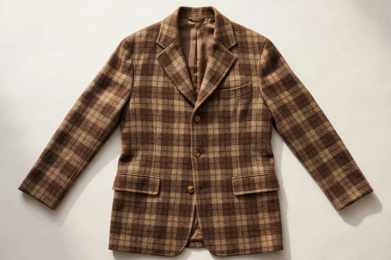A flat lay of a men's cashmere sports coat in a brown check pattern, product photography with no people