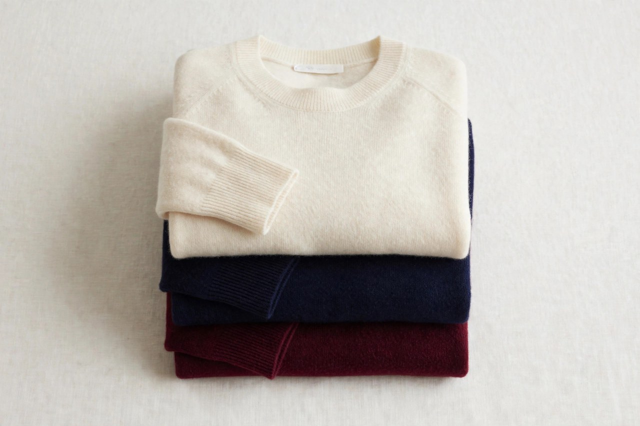 A flat lay of men's cashmere sweaters in cream, navy and burgundy folded in a stack, product photography with no people