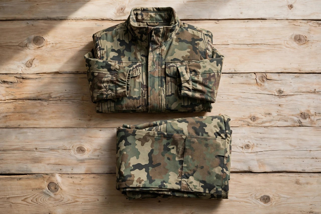 A flat lay of men's camouflage hunting clothing: a camo jacket and pants folded on a wood background, product photography with no people