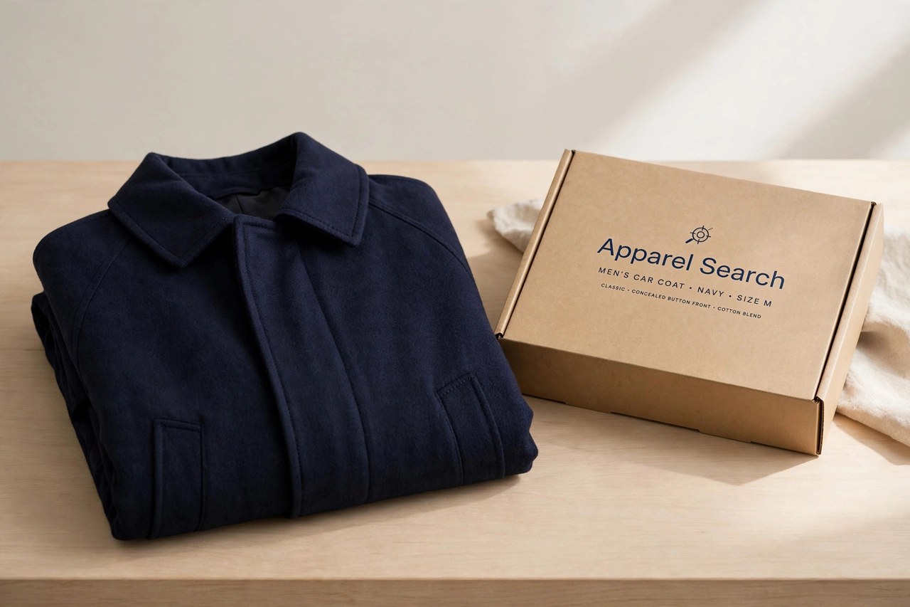 A navy men's car coat with a concealed button front folded on a shop counter next to its Apparel Search branded box, product photography with no people