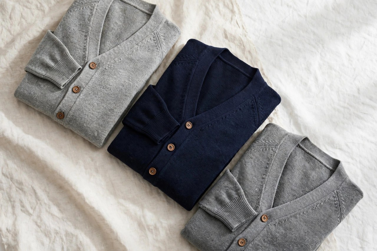 A flat lay of men's cardigan sweaters in navy and grey with button fronts, product photography with no people