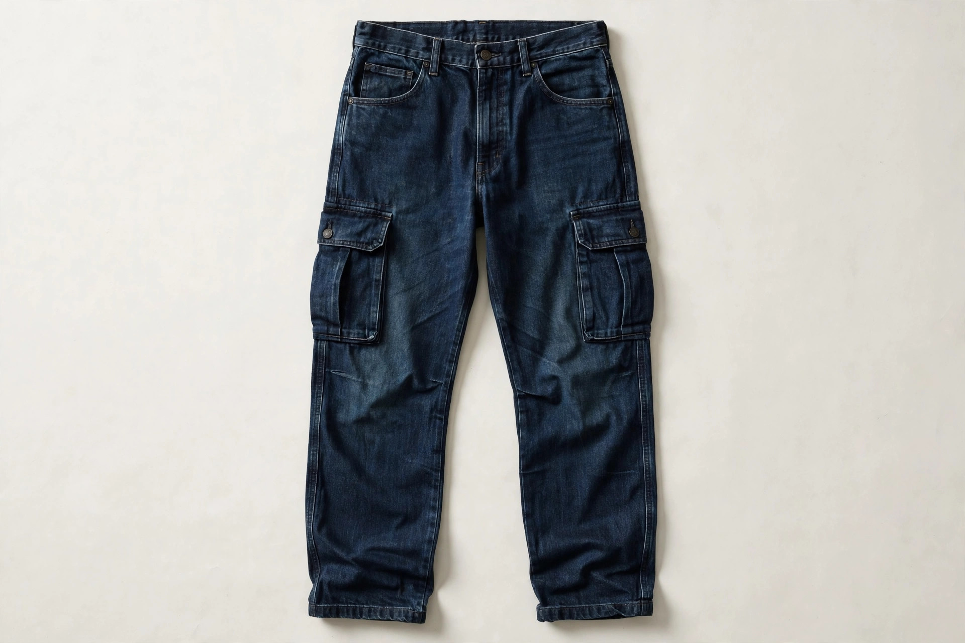 Men's cargo jeans in sturdy dark indigo denim laid flat, showing bellows cargo pockets with flaps on the outer thighs, product photography with no people