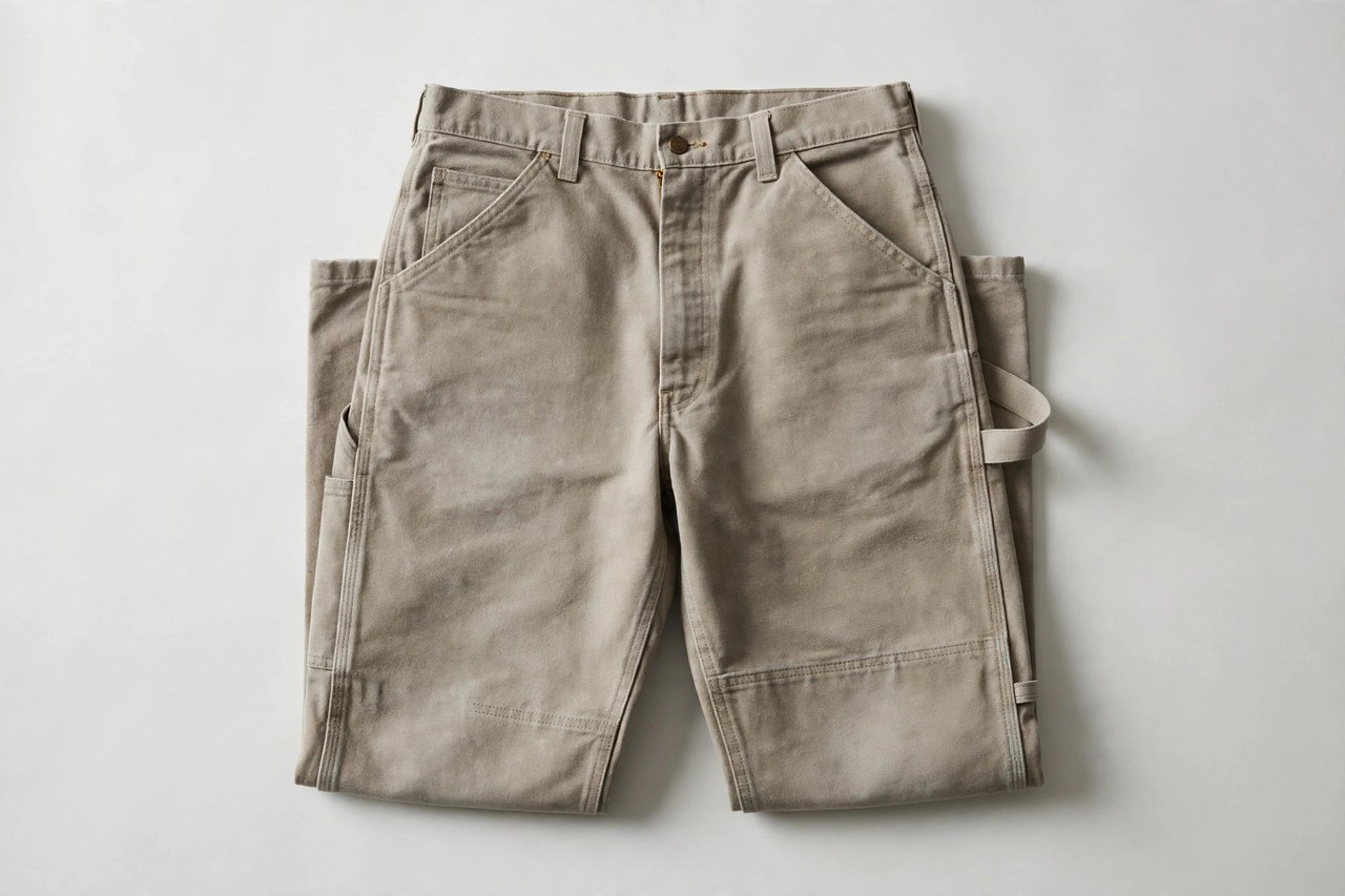 A flat lay of men's carpenter pants in stone canvas with a hammer loop, product photography with no people