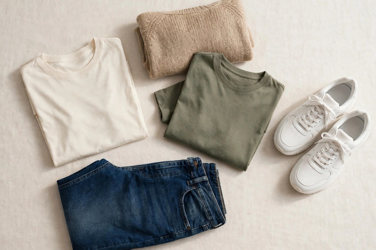 A flat lay of men's casual apparel: folded jeans, t-shirts, a sweater and sneakers, product photography with no people