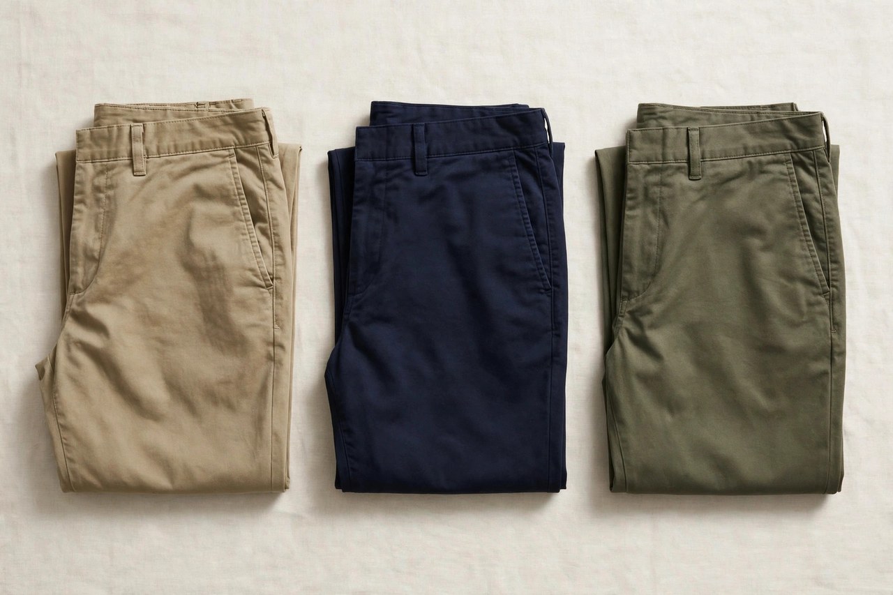 A flat lay of men's casual pants: chinos in khaki, navy and olive folded in a row, product photography with no people
