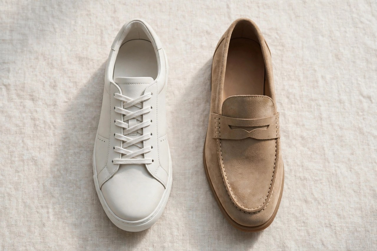 A flat lay of men's casual shoes: clean leather sneakers and suede loafers side by side, product photography with no people