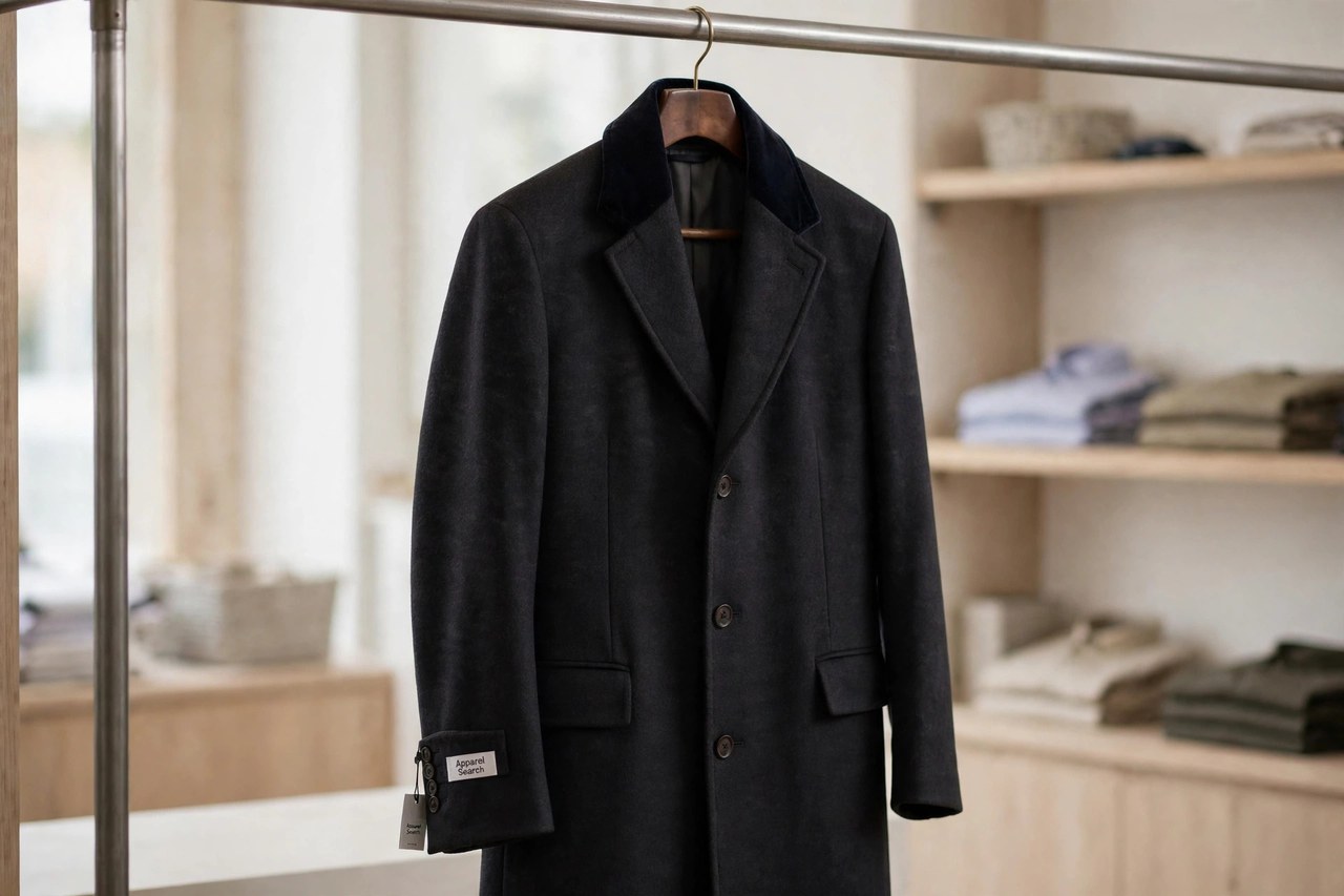 A charcoal men's Chesterfield overcoat with a dark velvet collar hanging on a tailor's rail in a menswear shop, a small Apparel Search garment tag at the cuff, product photography with no people