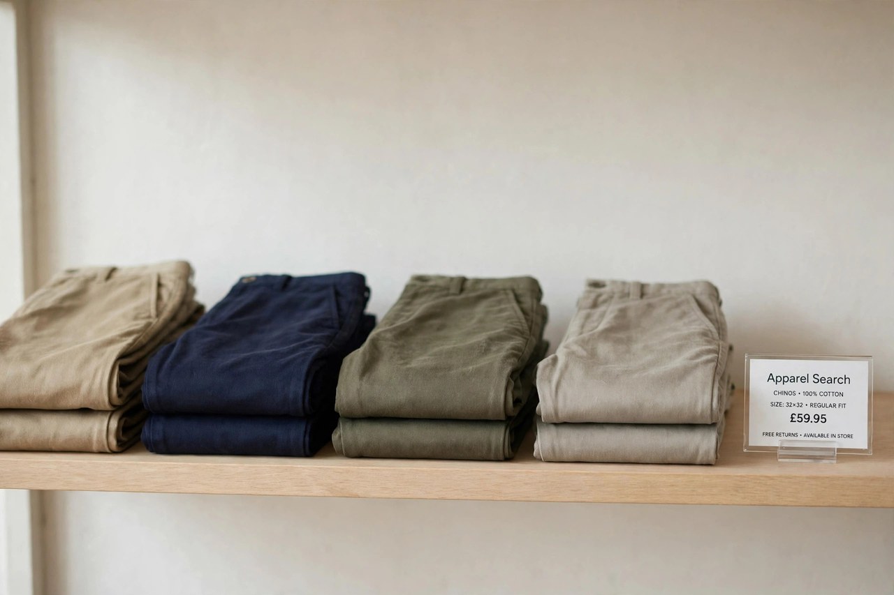 Folded men's chinos in khaki, navy, olive and stone on a menswear shop shelf with a small Apparel Search price-card holder, product photography with no people