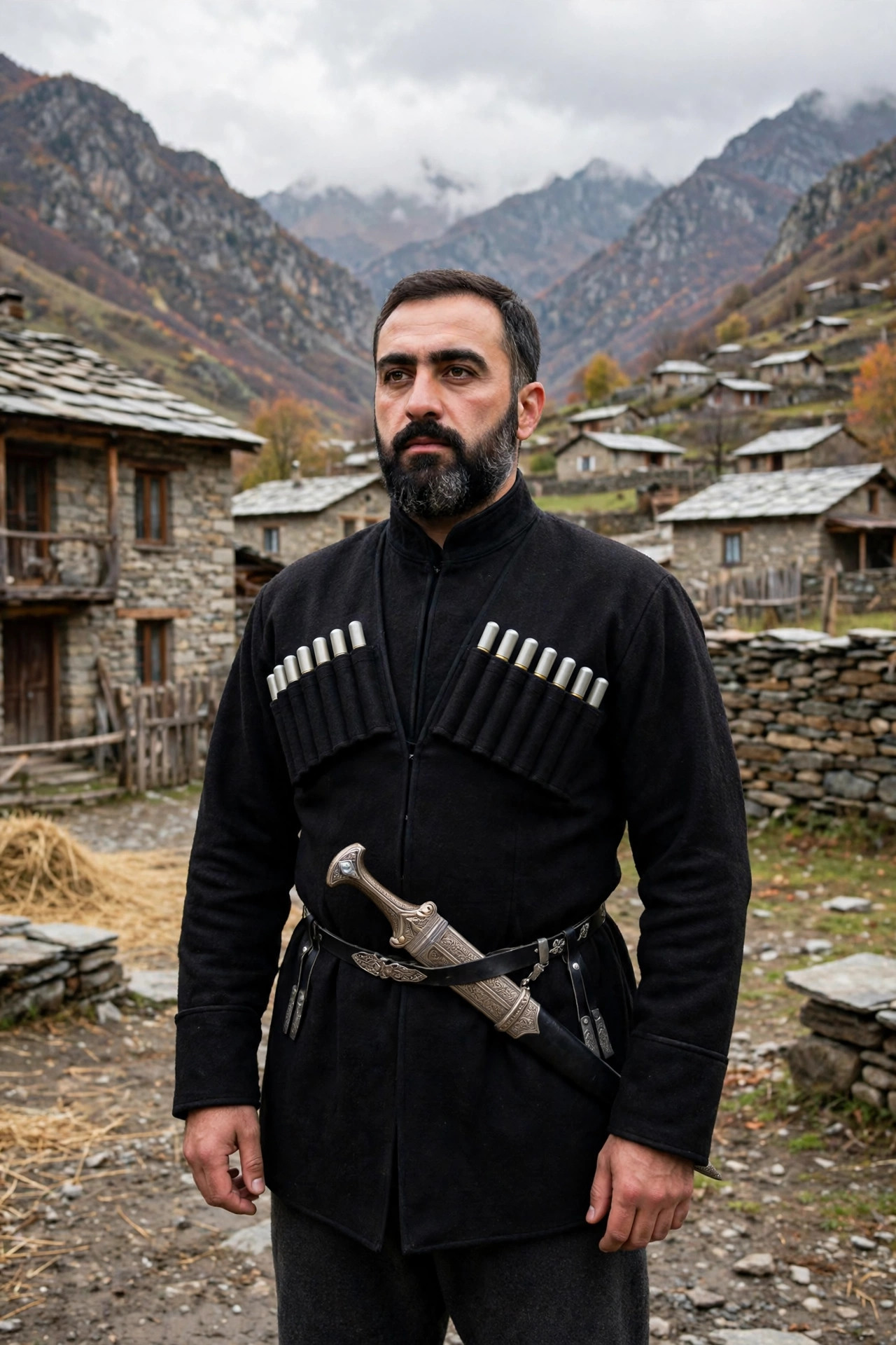 Man wearing a traditional Georgian chokha, a long wool coat with bandolier cartridge pockets across the chest and a belted waist