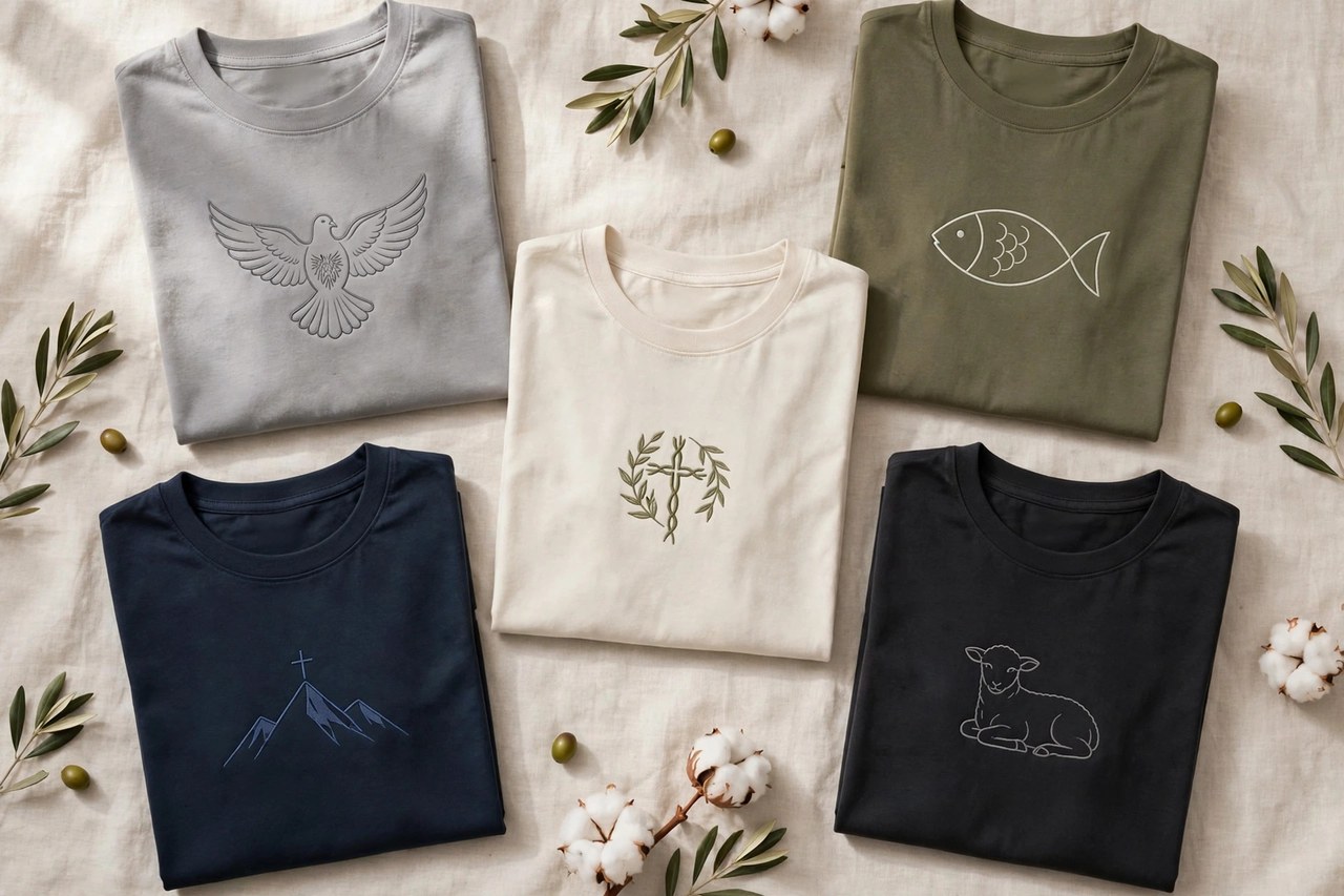 A flat lay of men's Christian clothing: folded t-shirts with faith-inspired graphic designs, product photography with no people