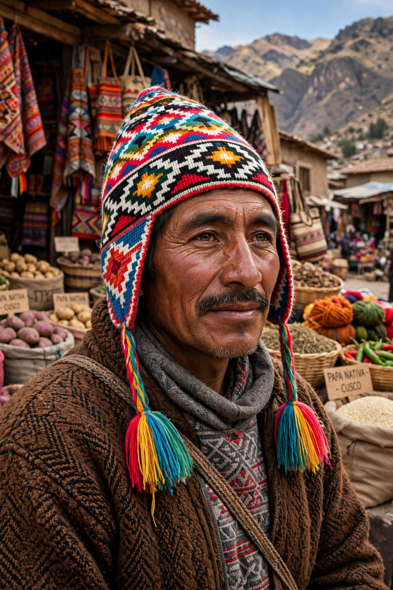 Man wearing a colorful knitted Andean chullo hat with earflaps and tassels in a highland market in Peru
