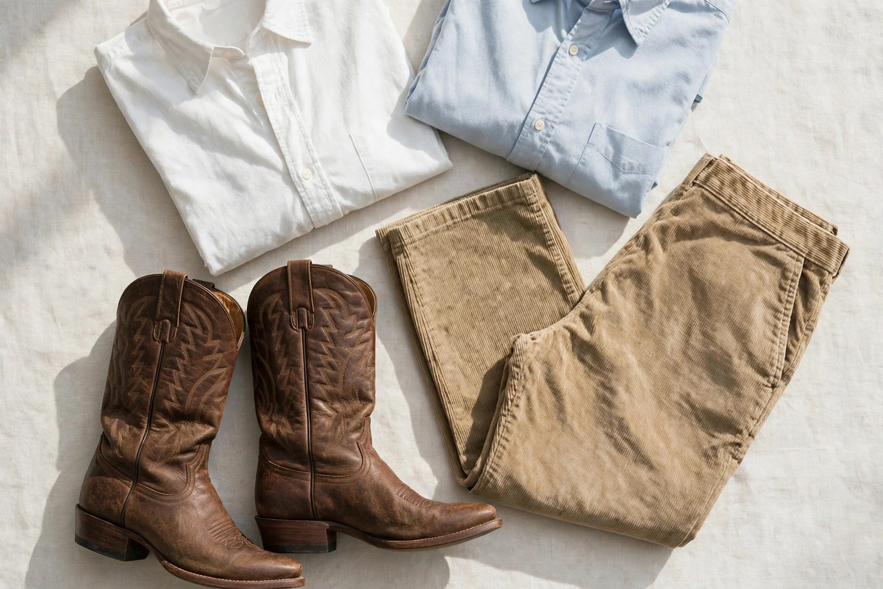 A flat lay of men's clothing beginning with C: cowboy boots, a corduroy pant and cotton shirts, product photography with no people