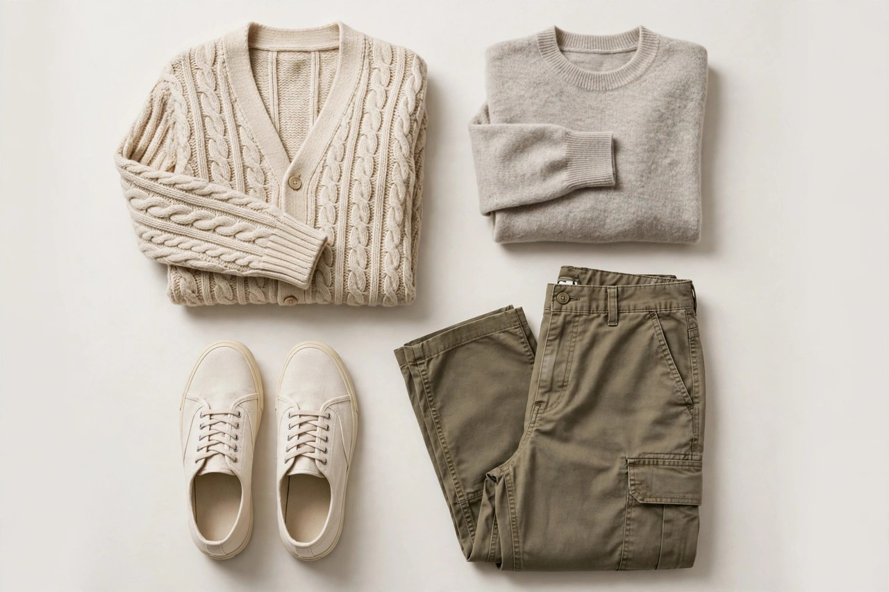 A flat lay of men's clothing beginning with C: a cable knit cardigan, canvas shoes, cargo pants and a cashmere sweater, product photography with no people
