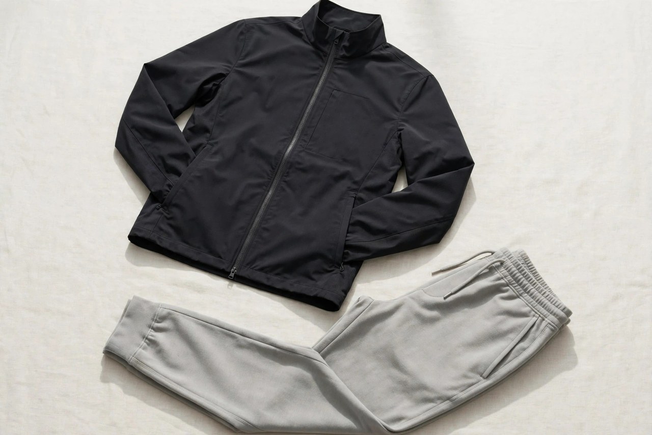 A flat lay of men's contemporary sportswear: a minimalist technical jacket and clean joggers, product photography with no people