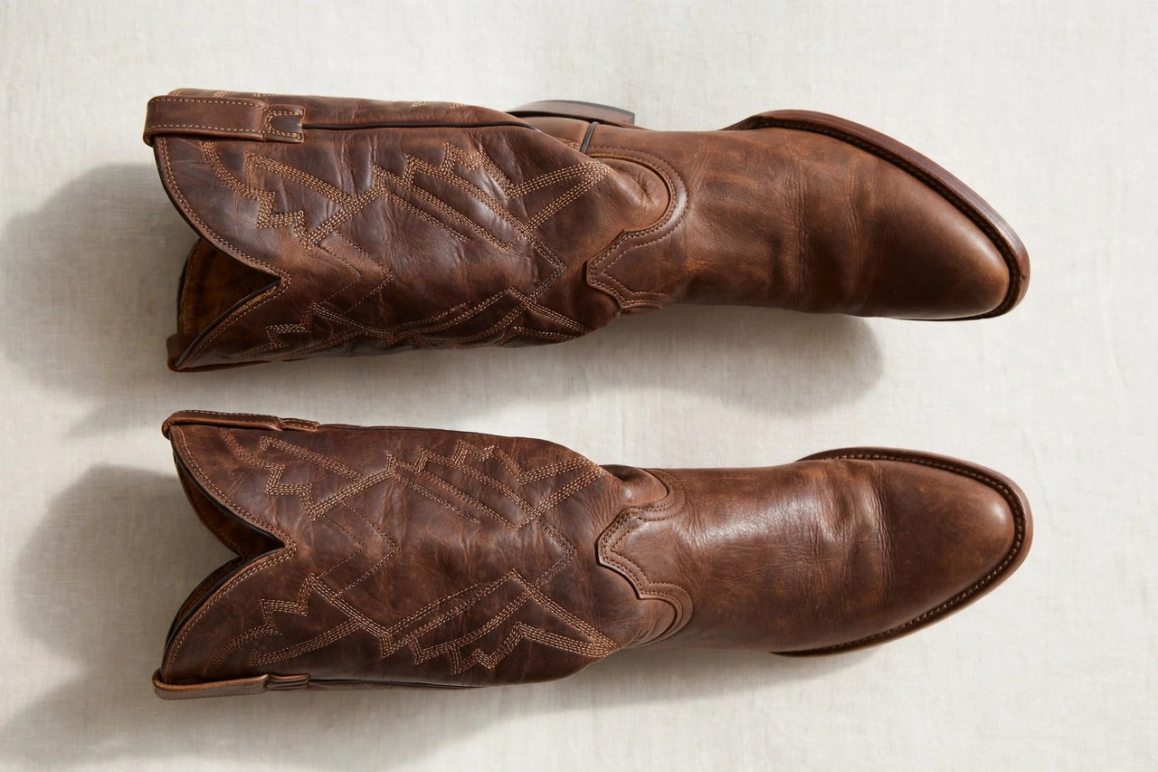 A flat lay of a pair of men's leather cowboy boots with stitched shafts, product photography with no people