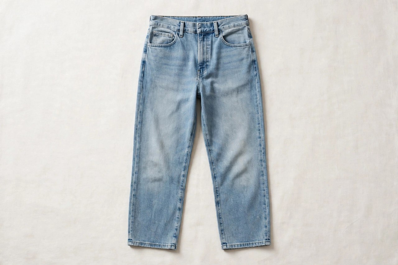 Men's cropped jeans in a washed light blue laid flat, showing the above-ankle length and clean sewn hem, product photography with no people