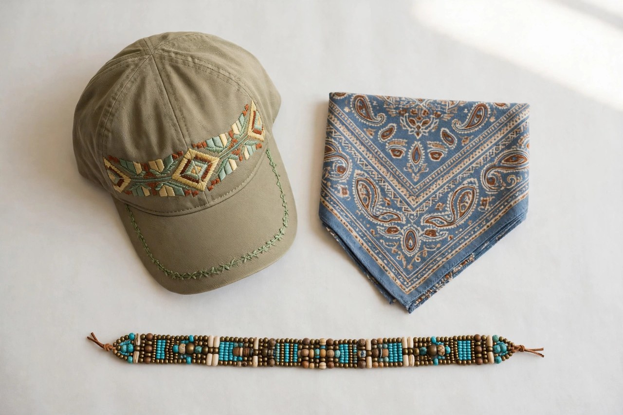 A flat lay of men's decorated headwear: an embroidered cap, a patterned bandana and a beaded hat band, product photography with no people