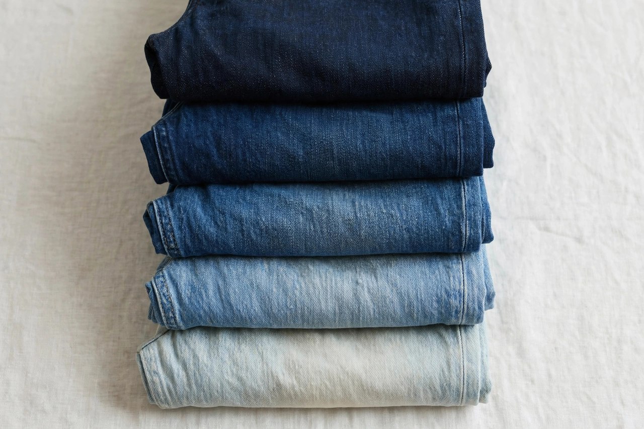 A stack of folded men's jeans in different fits and washes, from rigid straight-leg indigo to faded relaxed denim, product photography with no people