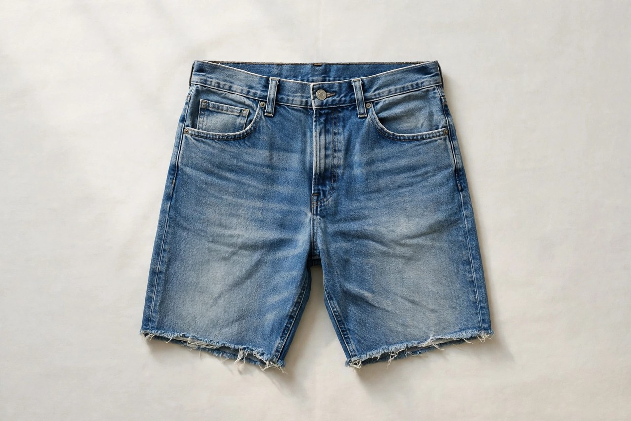 A flat lay of men's denim shorts in a mid-blue wash with frayed hems, product photography with no people