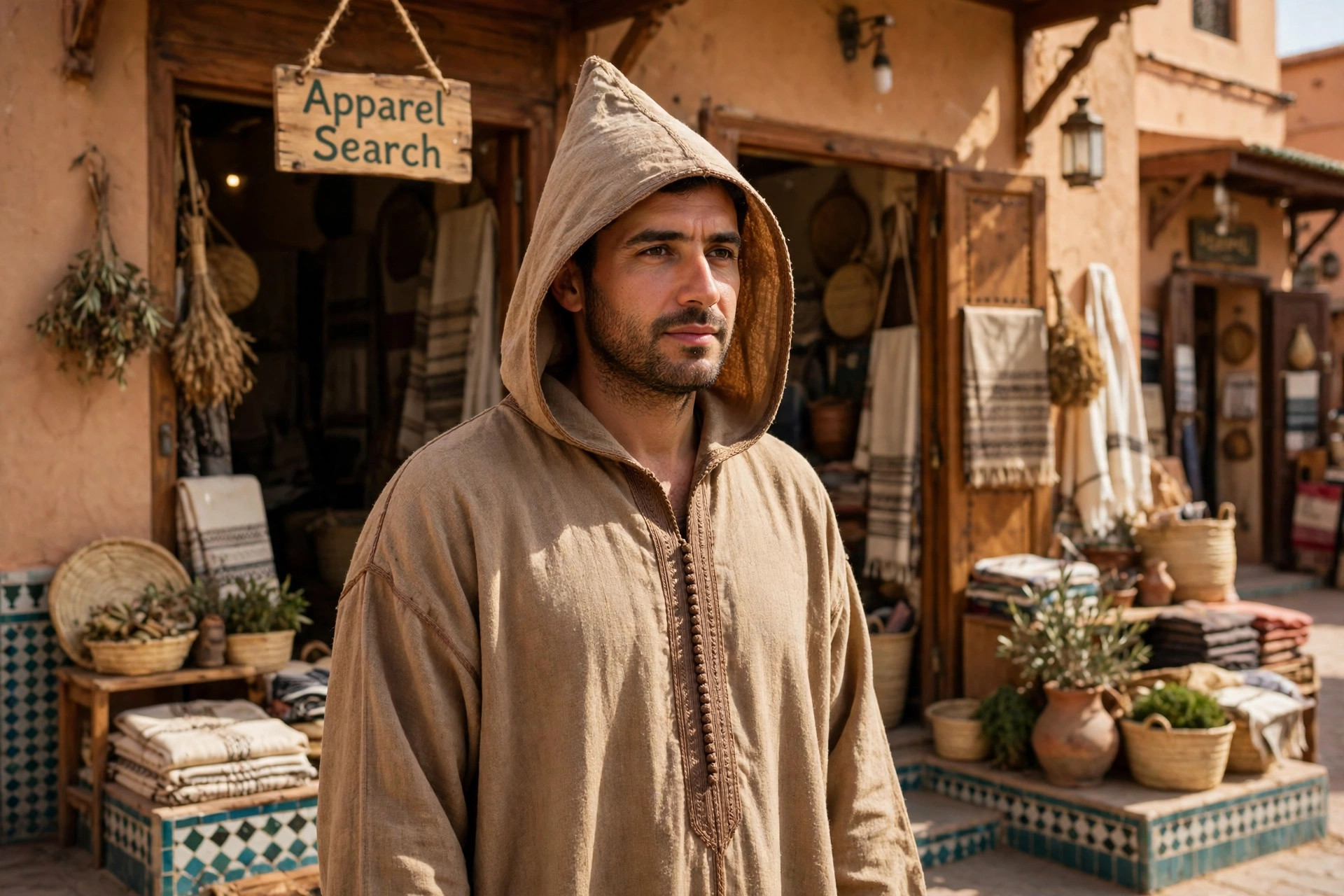 Man wearing a djellaba, a long loose North African hooded robe with a pointed hood and long sleeves, in a Moroccan street