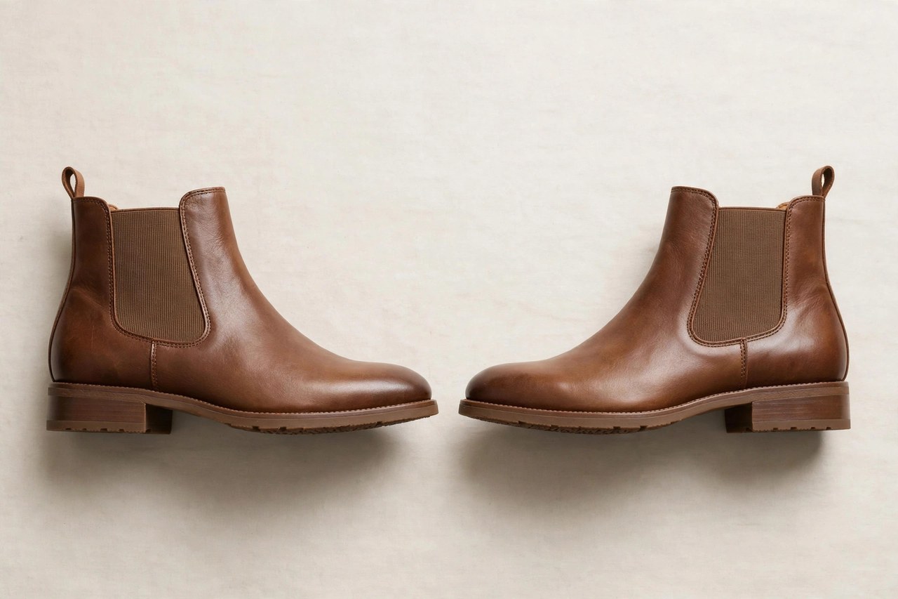 A flat lay of men's double gore slip-on shoes: leather Chelsea-style boots with elastic side panels, product photography with no people