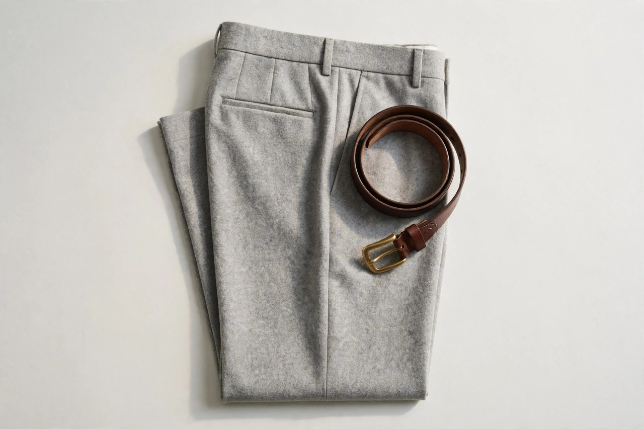 A flat lay of men's dress slacks in light grey wool with a pressed crease and a leather belt, product photography with no people