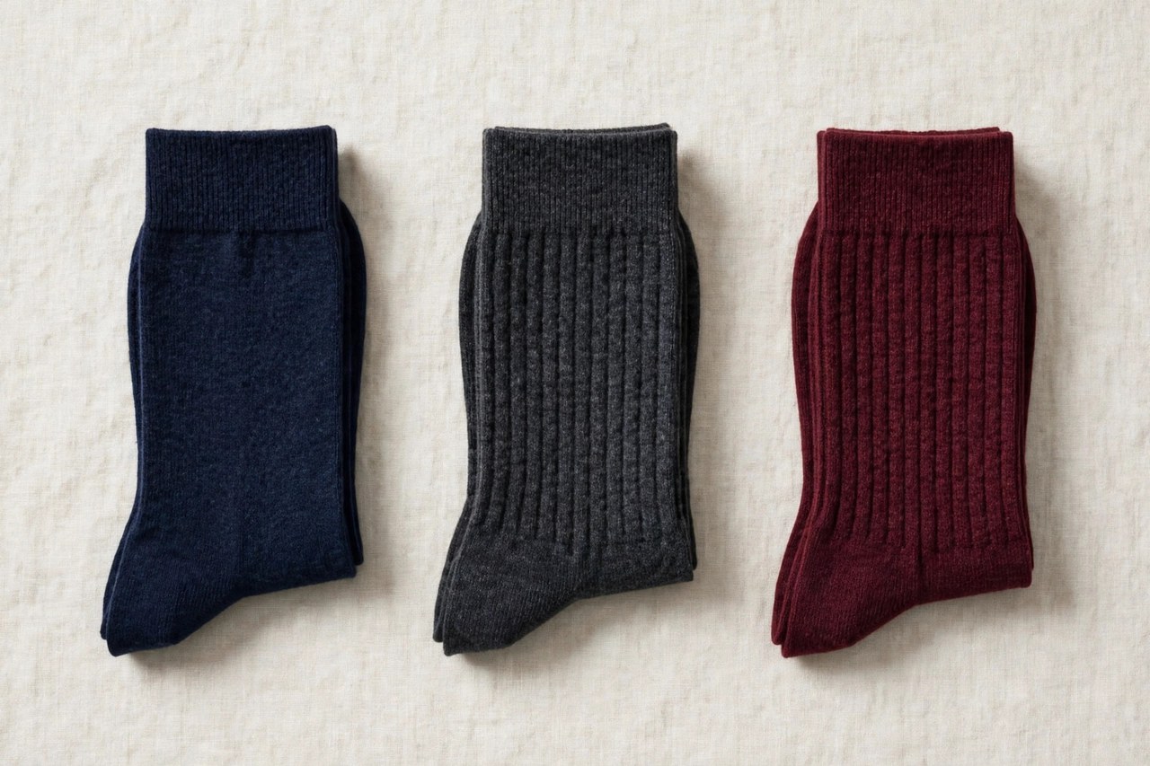 A flat lay of men's dress socks in navy, charcoal and burgundy merino wool, neatly folded in pairs, product photography with no people