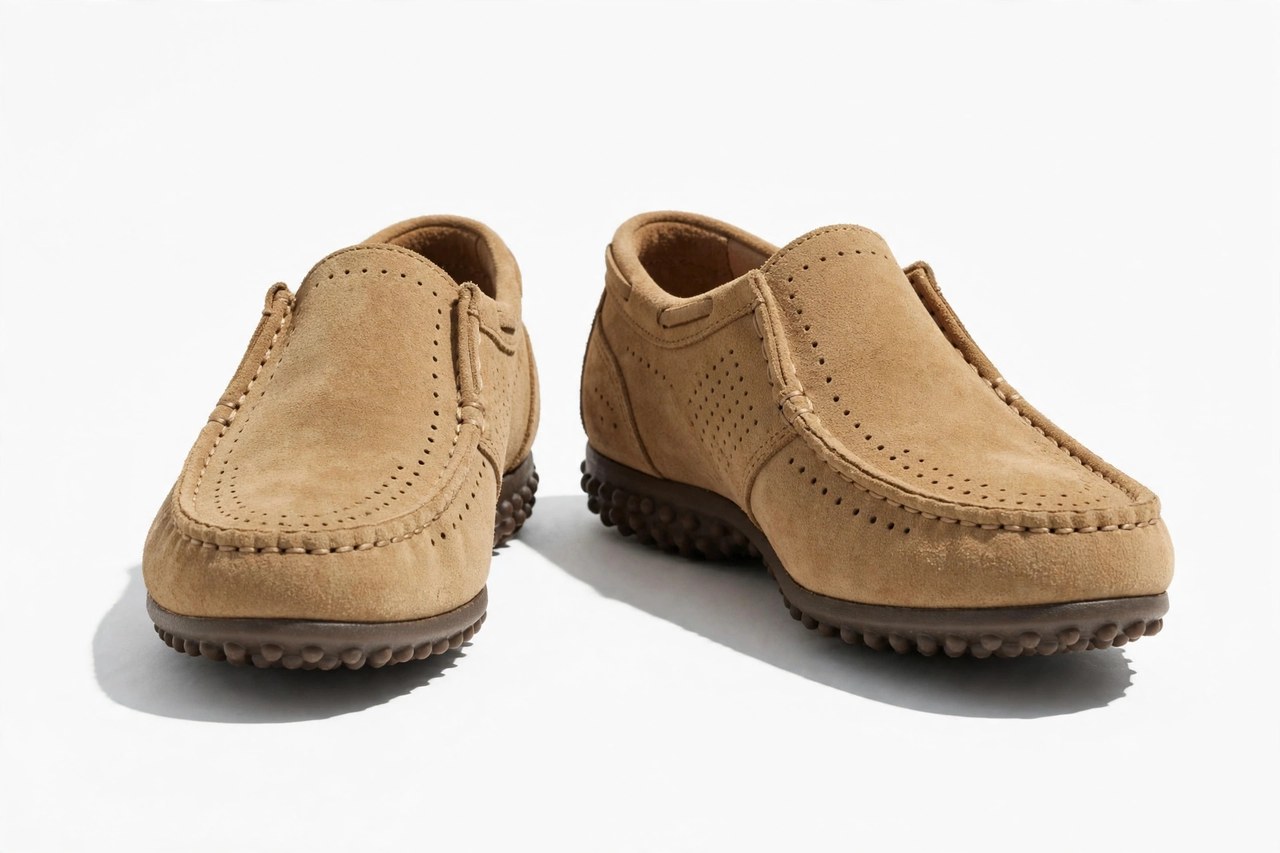 Tan suede men's driving shoes with rubber pebble soles on a clean studio background, product photography with no people