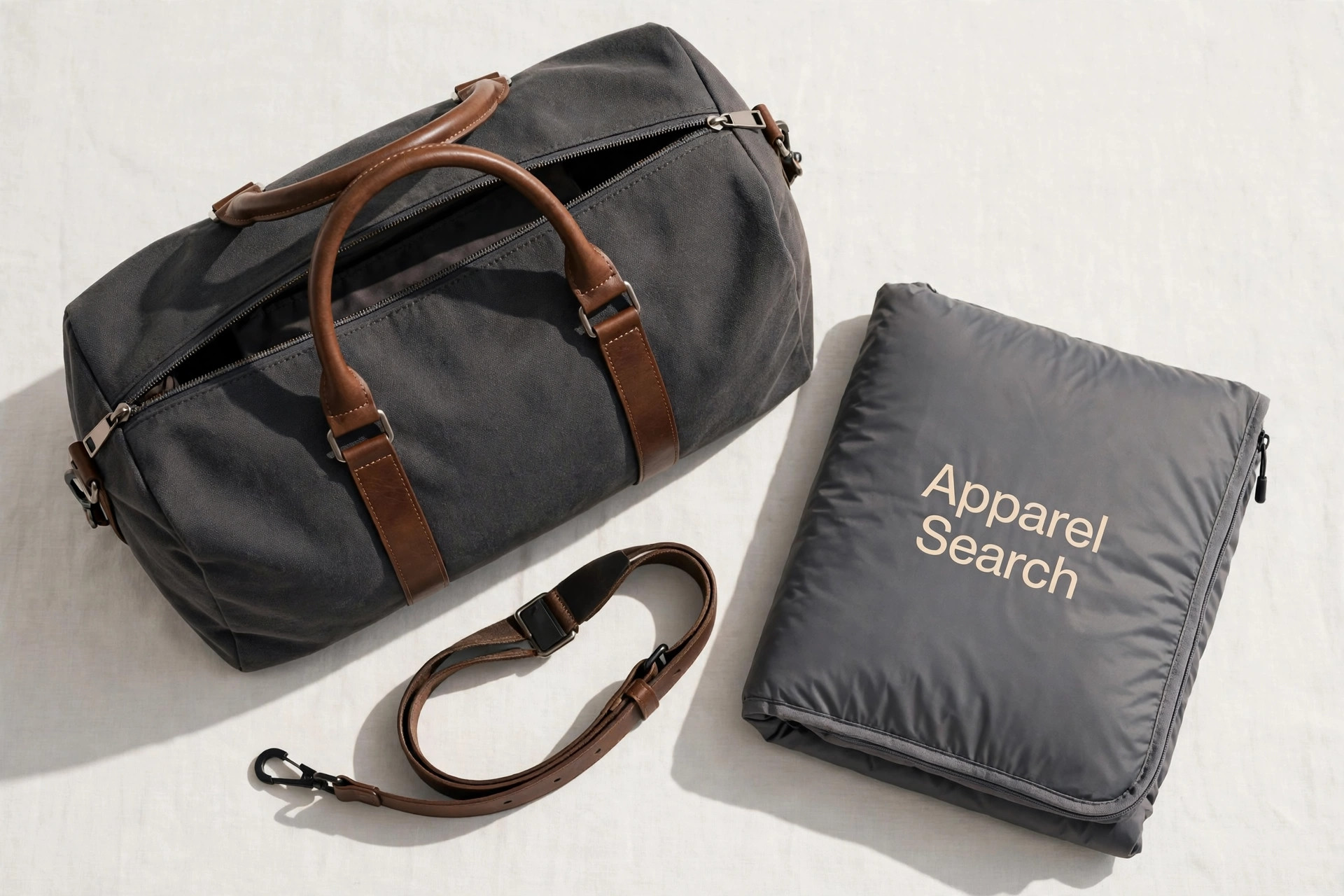 Men's duffel bag in charcoal canvas with leather-look handles and a detachable shoulder strap beside a folded packing cube, product photography with no people